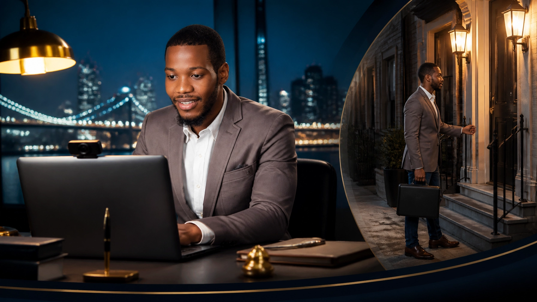 A split composition illustrating two notarization methods in New York City at night. On the left, the CEO and senior notary apostille agent of Sealing Time Mobile Notaries / Notary Apostille Agents named M. H. Palmer in a taupe blazer operates a laptop with a webcam at a desk, set against an illuminated NYC bridge and skyline backdrop. On the right inset frame, the same agent carries a leather briefcase while knocking on a brownstone's front door for an on-site mobile notary visit, representing flexible notary public new york city solutions.