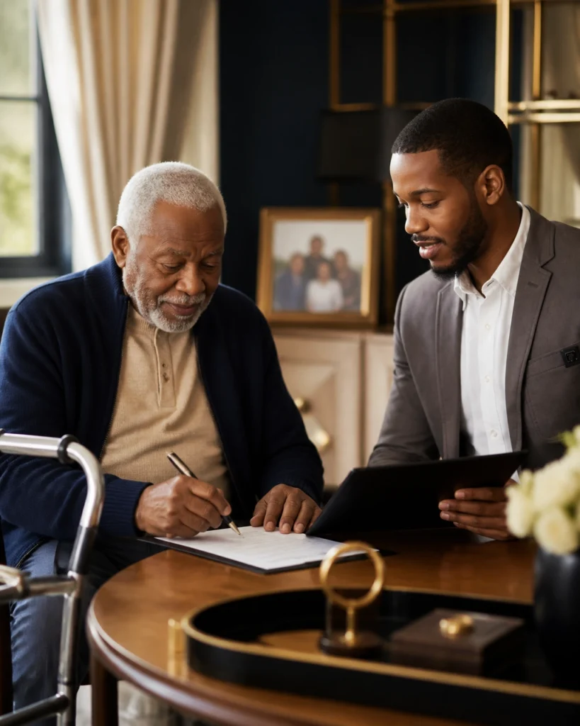 M. H. Palmer, the CEO and senior mobile notary apostille agent of Sealing Time Mobile Notaries / Notary Apostille Agents wearing a taupe blazer guides an elderly black gentleman with white hair sitting at a wooden dining table. The senior man signs legal documents on a clipboard with a pen, with a silver medical walker positioned nearby. The agent holds a tablet in a warmly lit, comfortable home setting, demonstrating patient, in-home mobile notary public new york city services for estate planning and power of attorney documents.
