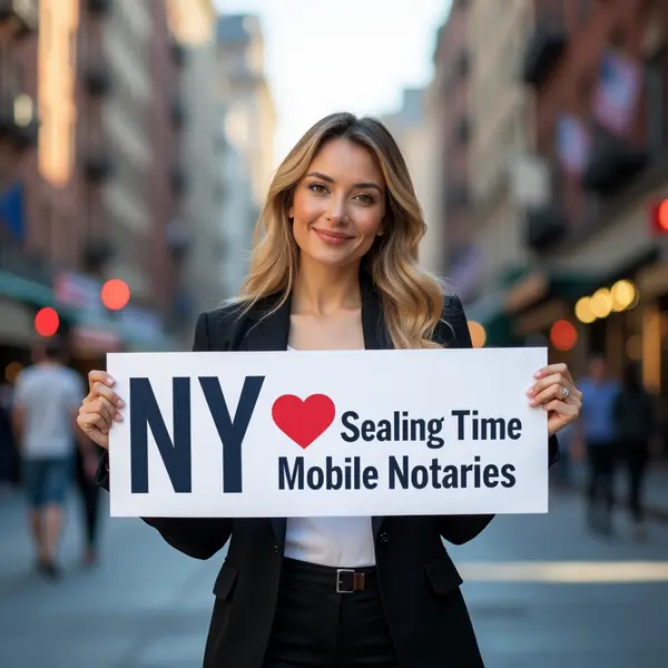 A smiling professional blonde woman in a tailored black blazer stands on a vibrant New York City street, holding a white sign that reads "NY [red heart] Sealing Time Mobile Notaries," representing reliable notary public new york city services.