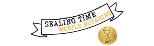 Official brand logo banner for Sealing Time Mobile Notaries / Notary Apostille Agents, a premier notary public and apostille services provider in new york city. The graphic features a white ribbon banner outline containing black text reading "SEALING TIME" and gold text reading "MOBILE NOTARIES", accompanied by a round gold embossed notary seal with an hourglass emblem on the bottom right.