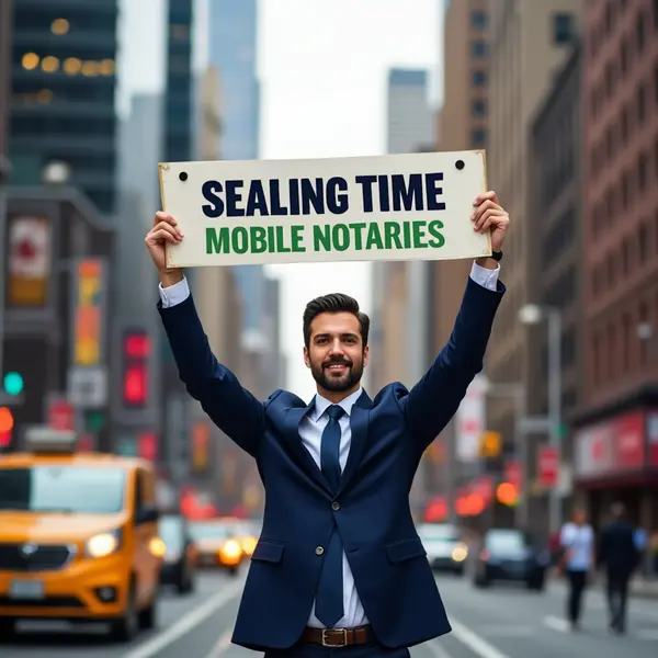 A well-groomed man in a dark navy suit and tie stands proudly on a bustling New York City avenue with yellow cabs in the background, raising a white sign above his head reading 'SEALING TIME MOBILE NOTARIES / NOTARY APOSTILLE AGENTS', symbolizing on-demand notary public new york city services.