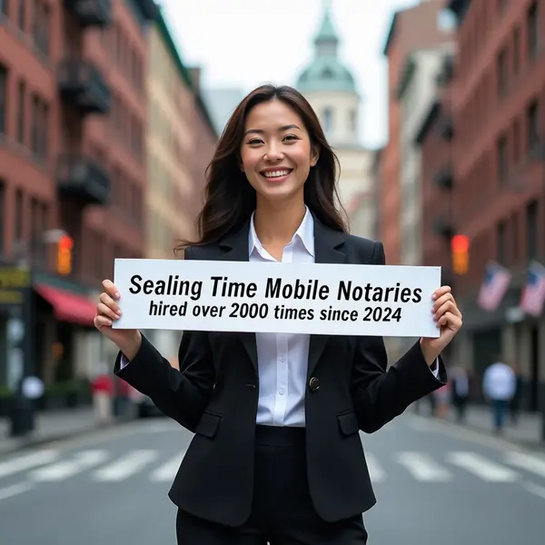 A smiling Asian woman in a professional black suit holds a white banner reading "Sealing Time Mobile Notaries / Notary Apostille Agents hired over 2000 times since 2024" on a New York City street, representing a highly trusted notary public new york city practice.