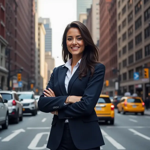 A smiling professional woman in a dark navy blazer and white collared shirt stands with her arms crossed on a New York City street with yellow cabs in the background, representing a reliable notary public new york city agent from Sealing Time Mobile Notaries / Notary Apostille Agents.