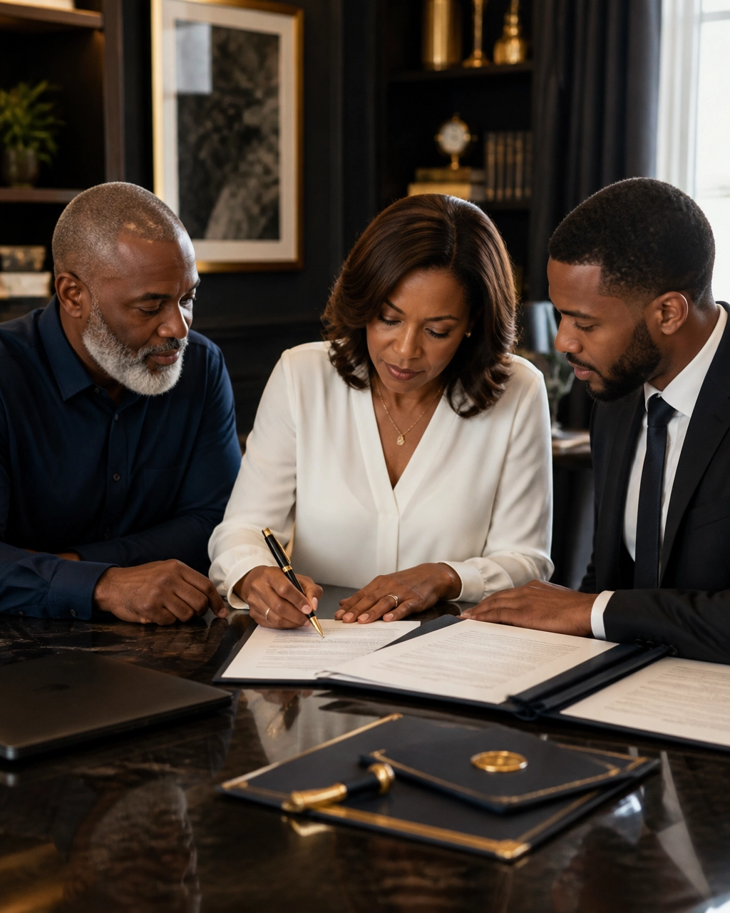 An elegant black woman in a white blouse signs official legal paperwork in a leather binder with a gold pen, seated at a dark executive desk beside her husband. A professional male notary public in a black suit and tie from Sealing Time Mobile Notaries / Notary Apostille Agents guides the execution during an estate planning session, demonstrating trusted notary public new york city services.