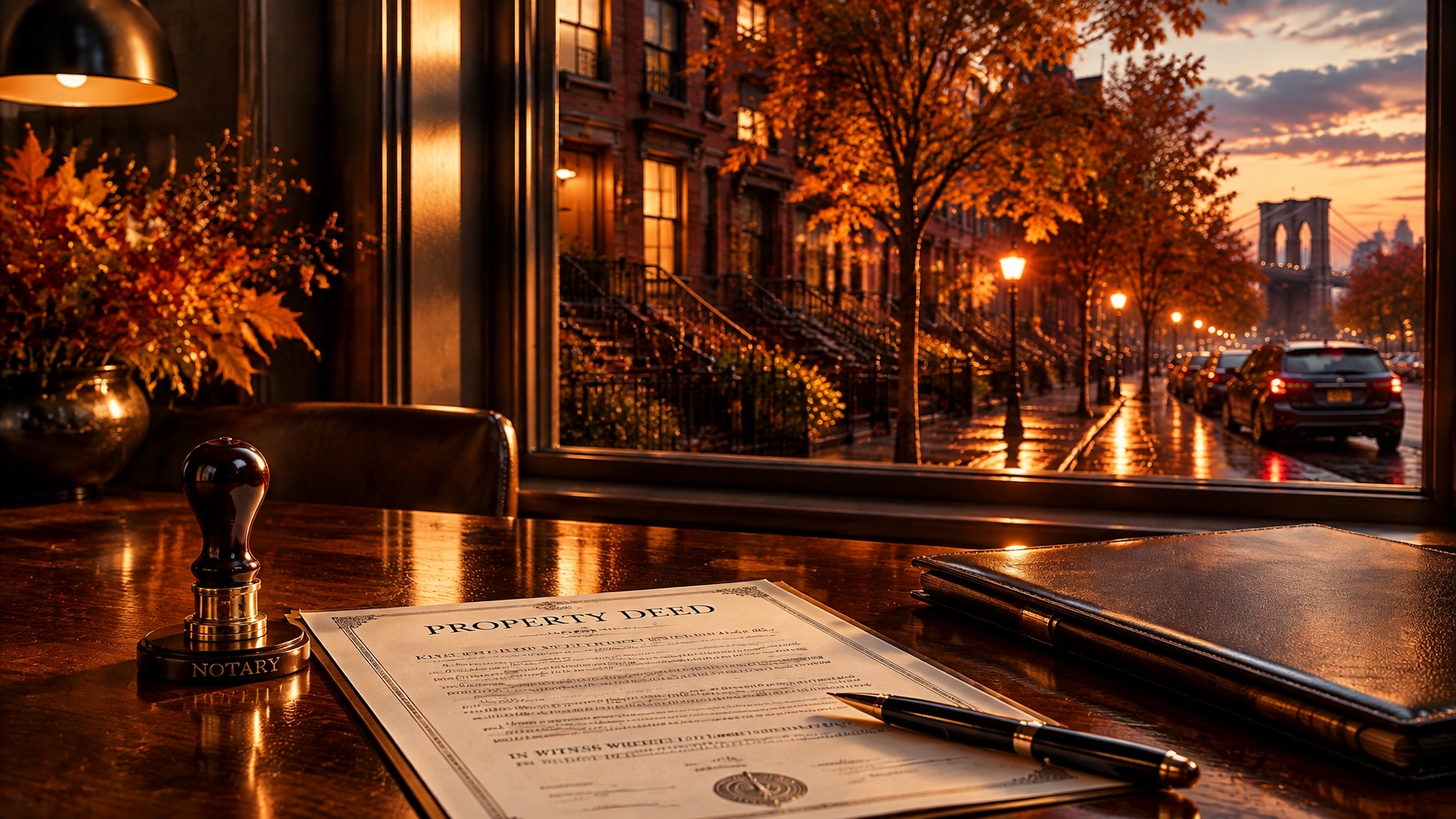 A close-up view of a dark wooden table indoors at dusk, featuring a paper document titled "PROPERTY DEED" on a clipboard alongside a fountain pen, a black and gold notary stamp on a "NOTARY" base, and a closed leather portfolio binder. In the background, a large glass window looks out onto a wet, tree-lined Brooklyn-style street with historic brownstones, parked and moving cars, glowing lampposts, and fall foliage, with the Brooklyn Bridge visible in the distance under a warm sunset sky, showcasing mobile notarization services from an expert notary public new york city practice, Sealing Time Mobile Notaries / Notary Apostille Agents.