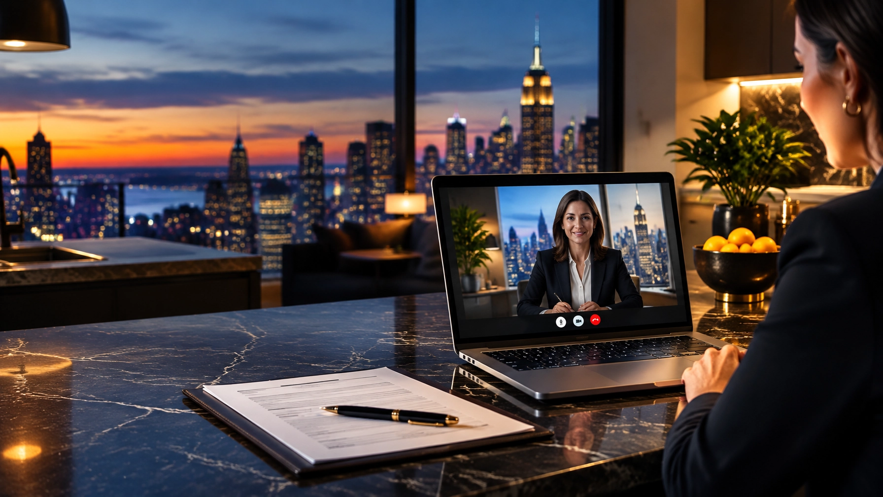 An over-the-shoulder view of a business professional conducting a live Remote Online Notary video call on a laptop at a dark marble desk in a luxury NYC high-rise apartment at night, featuring a legal document binder with a fountain pen in the foreground and the illuminated Midtown Manhattan skyline with the Empire State Building visible through expansive windows, demonstrating 24/6 virtual notary services from Sealing Time Mobile Notaries / Notary Apostille Agents, a certified online notary new york city provider.
