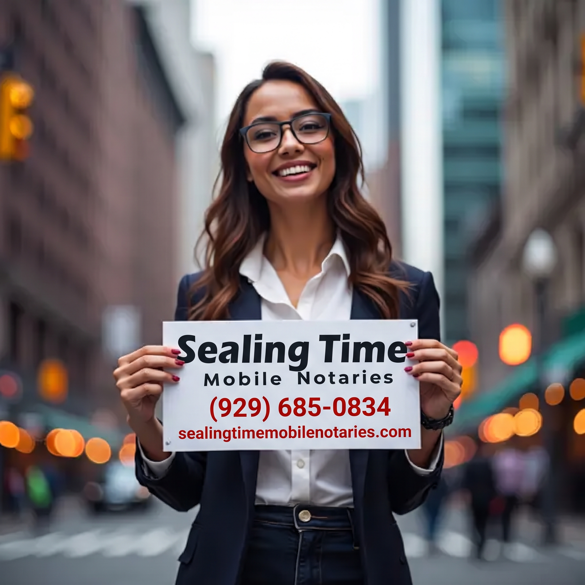 A smiling female mobile notary representative in a navy suit jacket and glasses standing on a bustling city street, holding an official sign that reads "Sealing Time Mobile Notaries / Notary Apostille Agents", phone number "(929) 685-0834", and website "sealingtimemobilenotaries.com", providing professional mobile notary public bronx services directly to client homes, offices, and care facilities.