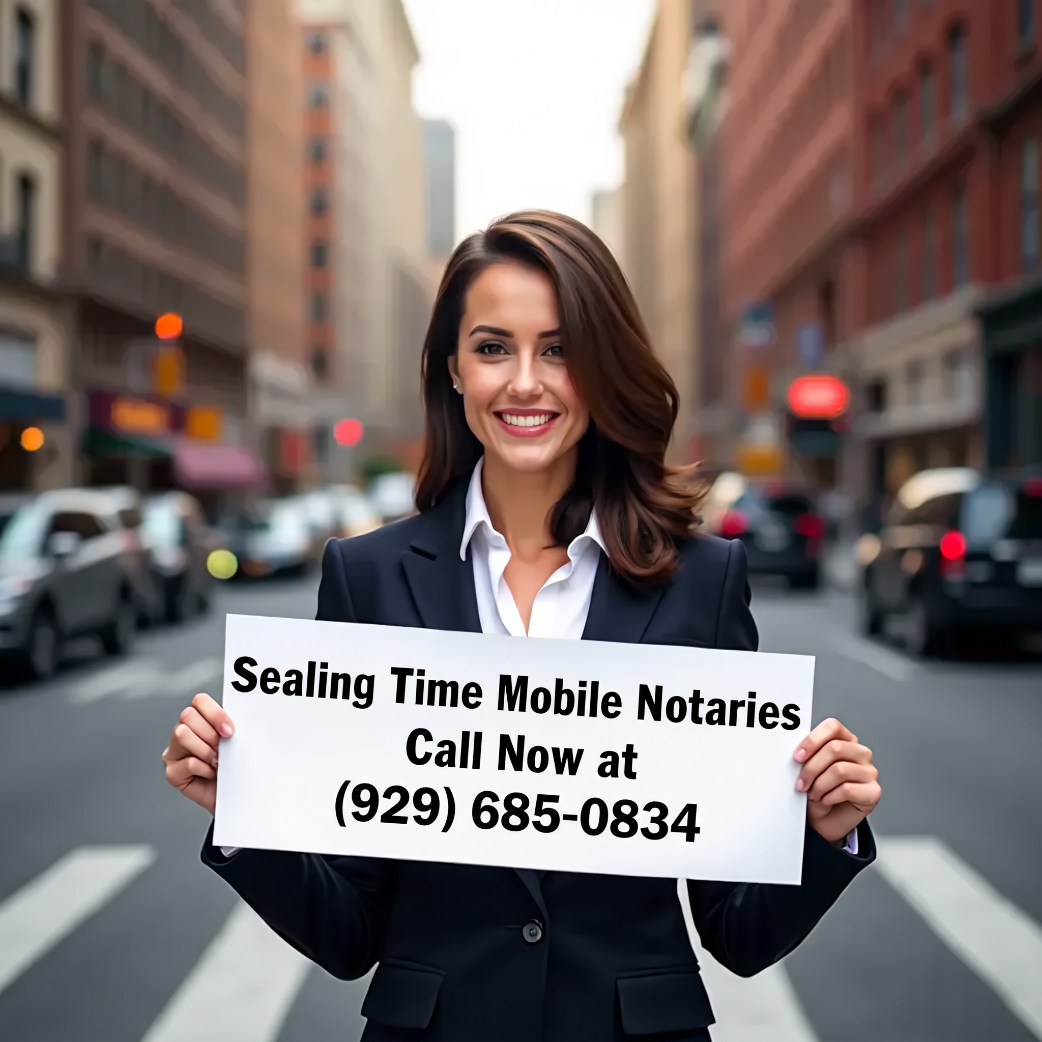 A smiling professional woman in a dark navy suit blazer stands in a New York City street crosswalk holding a white sign reading 'Sealing Time Mobile Notaries / Notary Apostille Agents Call Now at (929) 685-0834', representing fast notary public new york city dispatch services.