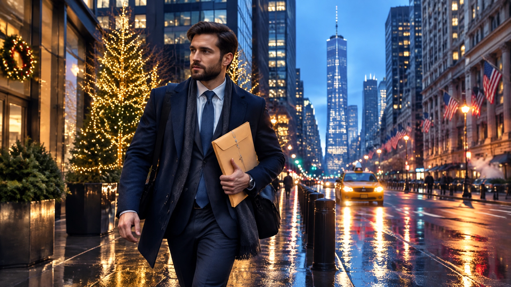 A business-professional man in a navy overcoat, suit, and scarf walking confidently along a wet, reflective Manhattan sidewalk at dusk, carrying a messenger bag and tightly holding a large manila envelope. The background captures busy New York City street life, featuring illuminated holiday-decorated trees on the left, moving yellow taxis, streetlights, and American flags lining the historic buildings, with the towering One World Trade Center skyscraper piercing the twilight sky, highlighting urgent certified doc hand-deliveries from Sealing Time Mobile Notaries / Notary Apostille Agents an expert translation services new york city agency.