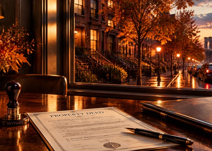 A close-up view of a dark wooden table indoors at dusk, featuring a paper document titled "PROPERTY DEED" on a clipboard alongside a fountain pen, a black and gold notary stamp on a "NOTARY" base, and a closed leather portfolio binder. In the background, a large glass window looks out onto a wet, tree-lined Brooklyn-style street with historic brownstones, parked and moving cars, glowing lampposts, and fall foliage, with the Brooklyn Bridge visible in the distance under a warm sunset sky, showcasing mobile notarization services from an expert notary public new york city practice, Sealing Time Mobile Notaries / Notary Apostille Agents.