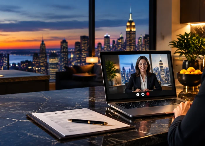 An over-the-shoulder view of a business professional conducting a live Remote Online Notary video call on a laptop at a dark marble desk in a luxury NYC high-rise apartment at night, featuring a legal document binder with a fountain pen in the foreground and the illuminated Midtown Manhattan skyline with the Empire State Building visible through expansive windows, demonstrating 24/6 virtual notary services from Sealing Time Mobile Notaries / Notary Apostille Agents, a certified online notary new york city provider.