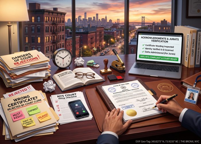 A close, 3/4-angled, desk-level view of an "Acknowledgments & Jurats Notarization" session in a Bronx NYC office at dusk, overlooking a sunset cityscape with historic brownstones, neighborhood streetlights, and a distant bridge. The foreground features finalized legal documents with the bold header "STATE OF NEW YORK" / "ACKNOWLEDGMENT & JURAT CERTIFICATE" on a leather portfolio binder, showing hand-inked signatures, circular New York notary stamps, and a gold foil seal, with a man's hand actively signing using a fountain pen guided by a Sealing Time Mobile Notaries / Notary Apostille Agents' mobile notary's hand. Nearby sits a metallic gold-and-black embosser, a wooden notary stamp, forensic pads, a pen, and a magnifying glass, alongside a corporate "MOBILE NOTARY" ID badge on the table. On the left side of the desk, a messy pile of folders highlights the emotional pain of delay and regulatory rejection: "DANGERS OF COURT REJECTIONS!" and "WRONG CERTIFICATE? REJECTED BY COURT CLERK" with red handwritten checkmarks, covered in yellow sticky notes saying "MUST REDO!", "EXPIRED?", and "DELAYED!", alongside an "NYS COURT filing checklist" with red crosses, a smartphone with missed calls, an analog clock ticking past 6:15 PM, eyeglasses resting on an open "NYS NOTARY LAW & STATUTE GUIDE", and crumpled paper. On the right, an open MacBook laptop screen displays "ACKNOWLEDGMENTS & JURATS VERIFICATION" software with an "E-FILING CHECKLIST" showing "✓ Certificate Wording Inspected," "✓ Identity Verified & ID Scanned," and "✓ Oaths Administered (For Jurats)" under a green "100% NYS COMPLIANT & COURT-READY" status banner, next to stacks for "ACK / JURAT CERTIFICATES", "COURT FILINGS", and "AUTHORIZED RECORD DOCKET", with a digital "EXIF Geo-Tag: THE BRONX, NYC" on the bottom right.
