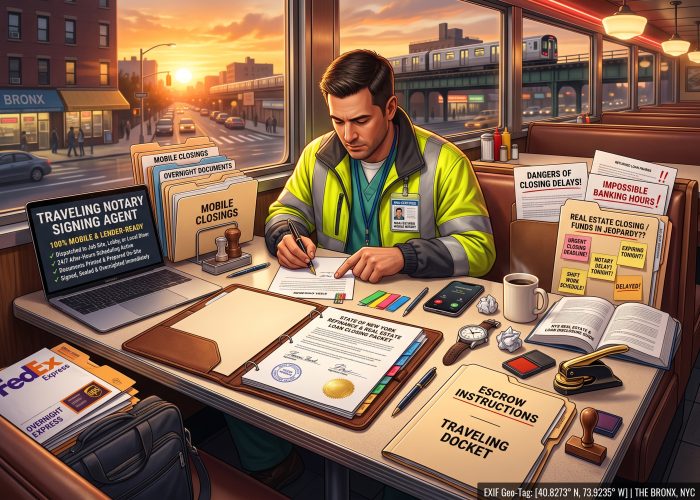 A close, 3/4-angled view of an active "Traveling Notary Signing Agent" session inside a bustling Bronx diner at sunset, looking through large windows at busy evening traffic, storefronts, and an elevated subway track with a passing train under a dramatic golden-orange sunset. In a corner booth, a worker wearing high-visibility gear over scrubs sits at a Formica table signing loan documents with a fountain pen, guided by the hand of Sealing Time Mobile Notaries / Notary Apostille Agents' professional mobile notary who wears an ID badge on a lanyard. On the table, an open "STATE OF NEW YORK REFINANCE & REAL ESTATE LOAN CLOSING PACKET" rests on a leather portfolio binder, showing circular New York notary public stamps, signature blocks, and a gold foil seal. On the far left, an open laptop displays "TRAVELING NOTARY SIGNING AGENT" with green checkmarks under "100% MOBILE & LENDER-READY" next to stacked folders labeled "MOBILE CLOSINGS" and "OVERNIGHT DOCUMENTS" and a FedEx overnight envelope. On the right, a cascading pile of files includes "DANGERS OF CLOSING DELAYS!" and "IMPOSSIBLE BANKING HOURS!" next to "REAL ESTATE CLOSING / FUNDS IN JEOPARDY??" covered in sticky notes: "URGENT CLOSING DEADLINE!", "NOTARY DELAY?", "EXPIRING TONIGHT!", "SHIFT WORK SCHEDULE!", "RATES AT RISK!", and "DELAYED!". A wrist watch, a ceramic coffee mug, crumpled paper, a smartphone, and an open "NYS REAL ESTATE & LOAN DISCLOSURE GUIDE" book rest on the table. On the front-right edge, folders for "ESCROW INSTRUCTIONS" and "TRAVELING DOCKET" sit next to a heavy gold-and-black embosser, a wooden notary stamp, and stamp pads, with a digital "EXIF Geo-Tag: THE BRONX, NYC" on the bottom right.