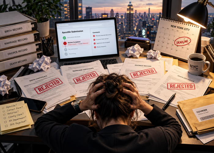 Sealing Time Mobile Notaries / Notary Apostille Agents’ Same-Day Document Relief & Fast Apostille Services New York City An overhead, over-the-shoulder perspective of a stressed woman with messy dark hair in a bun at a cluttered office desk in a high-rise at sunset, looking through a large window at the glowing New York City skyline with the Empire State Building under a twilight sky. Facing forward, her hands grip her head in sheer frustration as she looks down at a chaotic sprawl of official "BIRTH CERTIFICATE", "MARRIAGE CERTIFICATE", "DIVORCE RECORD", and "DEATH CERTIFICATE" documents, all stamped with large, prominent red "REJECTED" ink marks. Below on the left is a yellow sticky note checklist: "Apostille? Correct Form? Notarize? County Clerk? NY Department? Still Rejected?" On the right sits a courier express delivery envelope, a black pen, and a white coffee mug reading "NYC GET IT DONE". In the background, stacks of binders on the left are labeled "BIRTH RECORD", "MARRIAGE RECORD", "DIVORCE RECORD", and "DEATH RECORD". Next to them, an open laptop displays a "Apostille Submission" portal showing an error alert: "Review Completed - Issues Found — Action Required" and comments such as "Missing required document," "Incorrect form format," "Signature not accepted," and "Please resubmit." To the right, a desktop calendar labeled "NEW YORK CITY" has a heavily circled red "DEADLINE" on the 20th, alongside crumpled paper balls, and a lit desk lamp, capturing the overwhelming panic of administrative failure just before a critical international travel date. Sealing Time Mobile Notaries / Notary Apostille Agents' is the best apostille services provider in NYC.