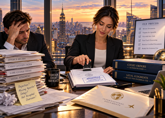 Sealing Time Mobile Notaries / Notary Apostille Agents’ Fast & Legal Document Authentication | Apostille Services New York City An over-the-desk perspective inside a sleek high-rise office in Midtown Manhattan at sunset, looking through large windows at the glowing New York City skyline with the Empire State Building under a golden-orange twilight. On the left, a stressed man in a dark suit rests his face on his hand in deep worry before a massive, chaotic stack of papers. The stack contains files labeled "DIVORCE DECREE", "CHILD CUSTODY ORDER", "NAME CHANGE ORDER", and "LEGAL JUDGMENT," along with a black mug that reads "FOREIGN COURT MAY REJECT." Crumpled paperwork is scattered around, alongside a yellow sticky note on the stack that reads, "Rejection? Missing Apostille? Delays? Not Accepted Overseas?". On the right, a confident, smiling female agent in a tailored black blazer from Sealing Time Mobile Notaries / Notary Apostille Agents is actively stamping a document on a dark-blue portfolio with a hand-press stamp. The paper on the portfolio is clearly marked with a blue stamp reading "APOSTILLE CERTIFIED FOR INTERNATIONAL USE." In the foreground sits a manila envelope labeled "INTERNATIONAL DOCUMENTS" with an airplane and globe graphic, next to a fountain pen. To her right is a stack of heavy, dark blue binders with gold lettering: "COURT ORDERS — AUTHENTICATED" and "LEGAL JUDGMENTS — READY FOR OVERSEAS USE". Farther right, a framed process checklist titled "OUR PROCESS" outlines steps like "Review Documents," "Prepare for Apostille," and "File with New York" leading to "Ready for Overseas Use," sits next to a small decorative globe and laptop. The high-contrast evening lighting catch the rich paper textures, desk gloss, and stamp details, emphasizing the transition from frantic legal worry to swift authentication.