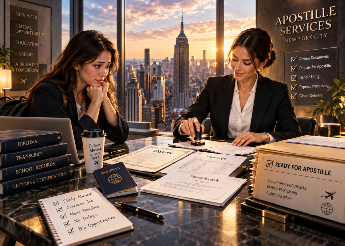 Sealing Time Mobile Notaries / Notary Apostille Agents’ Fast & Secure Authentication for Educational Documents | Apostille Services New York City An evocative, split-perspective scene inside a sleek Manhattan high-rise office at sunset, featuring panoramic windows framing the New York City skyline and the Empire State Building. On the left side, representing the overwhelming stress of academic bureaucracy, a worried young woman rests her chin on her hands, staring anxiously at a stack of dark blue academic binders labeled "DIPLOMA", "TRANSCRIPT", "SCHOOL RECORDS", and "LETTERS & CERTIFICATIONS." Next to her is an open laptop, a coffee cup reading "Future Abroad Starts Here", a blue passport, and a handwritten notebook checklist: "Study Abroad, Overseas Job, Meet Deadline, No Delays, Big Opportunities." On the right side, representing professional relief and expert delegation, a confident, smiling female signing agent in a tailored black suit expertly stamps an official document. Spread across the marble desk are beautifully formatted "Diploma", "Transcript", and "School Records" papers awaiting authentication. Beside her is a large, organized file box clearly labeled "✔ READY FOR APOSTILLE - EDUCATIONAL DOCUMENTS - EXPRESS PROCESSING - GLOBAL DELIVERY" alongside an airplane and globe icon. Behind the Sealing Time Mobile Notaries / Notary Apostille Agents notary, elegant gold wall text reads "APOSTILLE SERVICES NEW YORK CITY," above a highlighted service checklist: "Review Documents, Prepare for Apostille, Handle Filing, Express Processing, Global Delivery." A corresponding gold panel on the left reads "NEW YORK - GLOBAL OPPORTUNITIES - EDUCATION - CAREERS - A BRIGHTER TOMORROW."