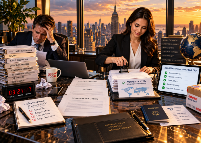 Sealing Time Mobile Notaries / Notary Apostille Agents’ Expedited Corporate Legalization & Apostille Services New York City | Global Business Expansion A high-contrast, split-view executive office scene in a Manhattan high-rise at sunset, looking out through expansive windows at the illuminated Empire State Building and Midtown skyline. On the left side, representing corporate deadline panic, a stressed male executive in a suit clutches his head in despair over a high-stakes paper backlog. Beside him sits a looming stack of binders labeled "ARTICLES OF INCORPORATION," "BYLAWS," "BOARD RESOLUTION," "CORPORATE RECORDS," "COMPLIANCE DOCUMENTS," "INTERNATIONAL EXPANSION," and "TIME SENSITIVE." On his desk are crumpled papers, an open laptop, a red-lettered "DEADLINE TODAY" coffee mug, an urgent digital countdown clock reading "03:24:17," and a spiral notebook listing an unchecked checklist: "International Expansion? Apostille, Legalization, Translation, Ship Overseas." In stark contrast on the right, representing Sealing Time Mobile Notaries / Notary Apostille Agents' expert execution and peace of mind, an elegant female notary apostille specialist in a tailored black blazer smiles calmly as she presses an official hand stamp onto corporate documents. Neatly organized on the polished marble desk are papers labeled "BOARD RESOLUTION," "BYLAWS," and "CORPORATE RECORDS," topped by a certified document labeled "✔ AUTHENTICATED - READY FOR OVERSEAS USE" with a world map. Next to her sits a sleek leather portfolio embossed with "INTERNATIONAL BUSINESS GLOBAL GROWTH," a blue passport, flight itineraries for "LONDON, DUBAI, SINGAPORE, HONG KONG, TORONTO," an "EXPRESS WORLDWIDE" parcel, and an illuminated tablet reading "Apostille Services – New York City" with checked milestones: "Document Review, Apostille Processing, Quality Check, Express Shipping, Ready for Overseas Use."