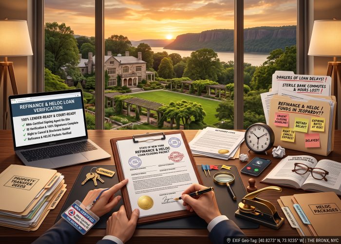 A close, 3/4-angled, desk-level view of a high-stakes "Refinance & HELOC Document Notarization" session inside a Bronx, NY office/apartment at sunset, looking through large windows at Wave Hill Public Garden & Cultural Center in the Bronx (Riverdale), overlooking its iconic 19th-century stone Glyndor House, sprawling green lawns, historic pergolas, and old-growth trees with the Palisades cliffs and Hudson River under a golden sunset. On the center-left of the dark oak desk, an open "STATE OF NEW YORK" / "REFINANCE & HELOC LOAN CLOSING PACKET" rests on a leather portfolio binder, showing hand-inked signatures, circular New York notary stamps, and a gold foil seal. Homeowners' hands are actively signing with a fountain pen, guided by Sealing Time Mobile Notaries / Notary Apostille Agents' mobile notary's hand wearing an NNA-Certified Mobile Notary ID badge on a lanyard, alongside house keys with a "CONGRATS!" keychain, a magnifying glass, and signature flags on the desk pad. On the far left sits an open laptop displaying a "REFINANCE & HELOC LOAN VERIFICATION" screen with green checkmarks under "100% LENDER-READY & COURT-READY," next to folders labeled "PROPERTY TRANSFER DEEDS" and "ACRIS RECORDINGS". On the right, a cascading pile of files includes "DANGERS OF LOAN DELAYS!" and "REFINANCE & HELOC / FUNDS IN JEOPARDY??" covered in "URGENT CLOSING DEADLINE!", "NOTARY DELAY?", "EXPIRING TONIGHT!", "2026 RATES AT RISK!", "RIGHT TO CANCEL EXPIRES!", and "DELAYED!" sticky notes, next to a ticking clock, crumpled paper, a smartphone, and an open "NYS REAL PROPERTY LAW & ACRIS GUIDE" book with eyeglasses. On the front-right edge, specialized folders for "LOAN RECORDS DOCKET" and "HELOC PACKAGES" sit next to a heavy gold-and-black embosser, a wooden notary stamp, and forensic stamp pads, with a digital "EXIF Geo-Tag: THE BRONX, NYC" on the bottom right.