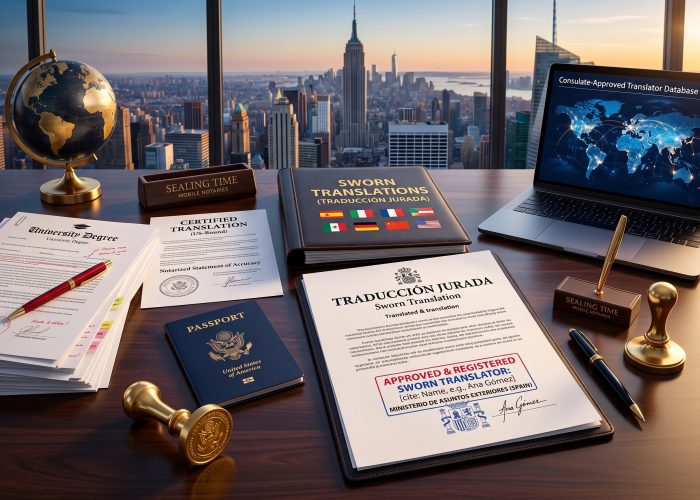 Certified & Sworn Translation Service New York City | Sealing Time Mobile Notaries : Notary Apostille Agents An executive desk setup in a high-rise office overlooking the Midtown Manhattan skyline at sunset, featuring official 'Traducción Jurada' sworn translation documents bearing a ministry approval stamp, a certified translation with a notarized statement of accuracy, a U.S. Passport, and a laptop displaying consulate-approved translator databases, representing top-tier translation service new york city solutions by Sealing Time Mobile Notaries / Notary Apostille Agents