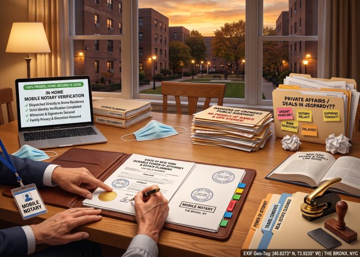 A close, 3/4-angled view of an intimate, patient "In-Home Mobile Notary Services" session inside a Bronx, NY family dining room at sunset, looking through a large window at a quiet Parkchester-style apartment courtyard with brick facades, evening streetlights, and mature autumn trees under a golden sunset sky. On a leather portfolio binder rests an open "STATE OF NEW YORK" / "DURABLE POWER OF ATTORNEY & ESTATE PLANNING" document, showing circular NY notary public stamps and a gold foil seal, with an older loved one's weathered hand actively signing with a fountain pen, guided by Sealing Time Mobile Notaries / Notary Apostille Agents' mobile notary's hand wearing a "MOBILE NOTARY" ID badge on a blue lanyard, with a face mask resting nearby on the table. The large wooden dining table has an open laptop displaying an "IN-HOME MOBILE NOTARY VERIFICATION" dashboard with green checkmarks under "100% PRIVATE, HOME-SECURED & LEGAL", next to stacks of folders labeled "ESTATE PLANNING" and "FAMILY DOCUMENTS". On the right, a cascading pile of files includes "DANGERS OF CROWDED PUBLIC SIGNINGS!" and "NO PRIVACY AT BANKS & UPS STORES!" alongside a "PRIVATE AFFAIRS / DEALS IN JEOPARDY??" folder covered in sticky notes: "URGENT DEADLINE!", "NOTARY DELAY?", "EXPIRING TONIGHT!", "BANK REJECTIONS?", and "DELAYED!". Nearby is crumpled paper and an open "NEW YORK ESTATE & FAMILY LAW GUIDE" book. On the front-right edge, specialized folders for "POWER OF ATTORNEY", "TRAVEL CONSENTS", and "REAL ESTATE CLOSINGS" sit next to a heavy gold-and-black embosser, a wooden notary stamp, and a ink pad, with a digital "EXIF Geo-Tag: THE BRONX, NYC" on the bottom right.