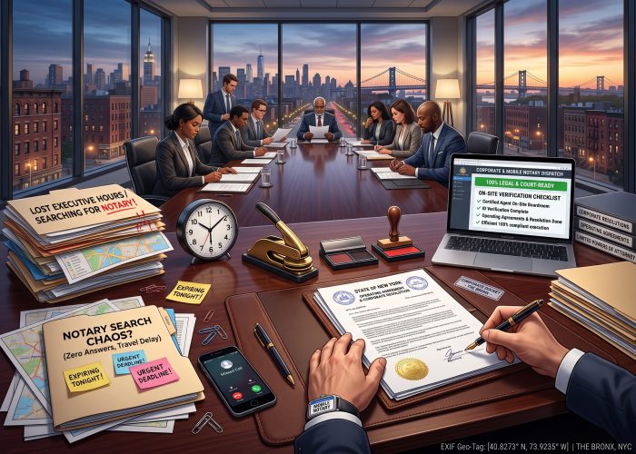 A close 3/4-angled, desk-level view of an active corporate signing session down a long mahogany boardroom table in Sealing Time Mobile Notaries / Notary Apostille Agents' high-rise Bronx executive office at dusk, overlooking a sunset cityscape and Harlem River bridges. In the background, board members and shareholders in business attire actively review and sign paperwork. The foreground on a leather portfolio features an official "STATE OF NEW YORK OPERATING AGREEMENT & CORPORATE RESOLUTION" document with hand-inked signatures, circular New York notary stamps, a gold foil seal, and a "THE BRONX, NY" stamp, being signed with a fountain pen by an executive, guided and verified by a mobile notary with a visible "MOBILE NOTARY" ID badge on the table. Nearby rests a metallic gold-and-black embosser, a wooden notary stamp, forensic pads, a pen, and a magnifying glass. The left side is piled with chaotic delay files: "LOST EXECUTIVE HOURS / SEARCHING FOR NOTARY!", "NOTARY SEARCH CHAOS? (Zero Answers, Travel Delay)", "EXPIRING TONIGHT!" and "URGENT DEADLINE!" sticky notes, maps, a ticking clock, and a smartphone displaying a missed call. On the right, an open laptop displays "CORPORATE & MOBILE NOTARY DISPATCH" with an "ON-SITE VERIFICATION CHECKLIST" including "✓ Certified Agent On-Site Boardroom," "✓ ID Verification Complete," "✓ Operating Agreements & Resolution Done," and "✓ Efficient 100% compliant execution" under a green "100% LEGAL & COURT-READY" status, next to stacks for "CORPORATE RESOLUTIONS", "OPERATING AGREEMENTS", and "LIMITED POWERS OF ATTORNEY", with a digital "EXIF Geo-Tag: THE BRONX, NYC" on the bottom right.