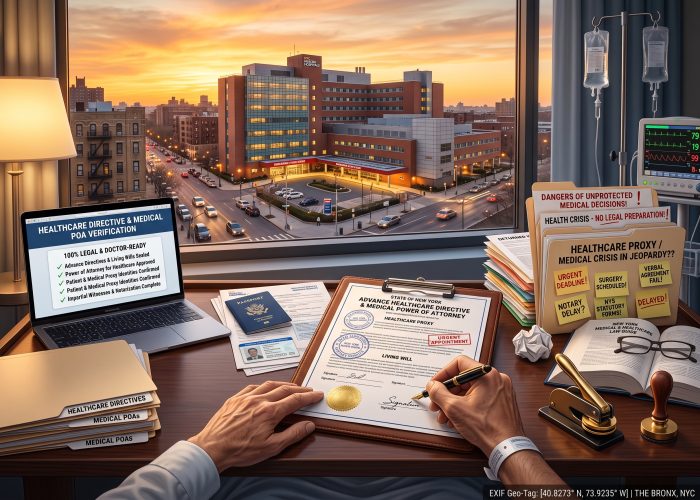 A close, 3/4-angled view of an urgent "Advance Healthcare Directives & Medical POA Notarization" session at a dark wood bedside table inside a Bronx, NY patient room at sunset, looking through a large window at the iconic Lincoln Medical Center (Lincoln Hospital) building with evening traffic under a dramatic golden-orange sunset. On a leather portfolio binder rests an open "STATE OF NEW YORK" / "ADVANCE HEALTHCARE DIRECTIVE & MEDICAL POWER OF ATTORNEY" (featuring "HEALTHCARE PROXY" and "LIVING WILL" sub-headers) document, showing circular New York notary public stamps, signature blocks, and a gold foil seal. A patient’s hand is actively signing the directive signature line with a fountain pen, guided and pointed to by Sealing Time Mobile Notaries / Notary Apostille Agents' notary's hand. A blue US Passport, medical records, and ID card scans sit nearby on the table. In the background on the far right, an IV stand and medical monitor are visible, emphasizing the hospital setting. On the far left, an open laptop displays a "HEALTHCARE DIRECTIVE & MEDICAL POA VERIFICATION" dashboard with green checkmarks under "100% LEGAL & DOCTOR-READY," next to stacks of folders labeled "HEALTHCARE DIRECTIVES" and "MEDICAL POAs". On the right, a cascading pile of files includes "DANGERS OF UNPROTECTED MEDICAL DECISIONS!" and "HEALTH CRISIS - NO LEGAL PREPARATION!" alongside a "HEALTHCARE PROXY / MEDICAL CRISIS IN JEOPARDY??" folder covered in sticky notes: "URGENT DEADLINE!", "SURGERY SCHEDULED!", "VERBAL AGREEMENT FAIL!", "NOTARY DELAY?", "NYS STATUTORY FORMS!", and "DELAYED!". Nearby is crumpled paper and an open "NEW YORK MEDICAL & HEALTHCARE LAW GUIDE" book. On the front-right edge, a metallic gold-and-black embosser and a wooden-handled notary stamp sit on the desk. The bottom-right corner displays a digital "EXIF Geo-Tag: THE BRONX, NYC" overlay.
