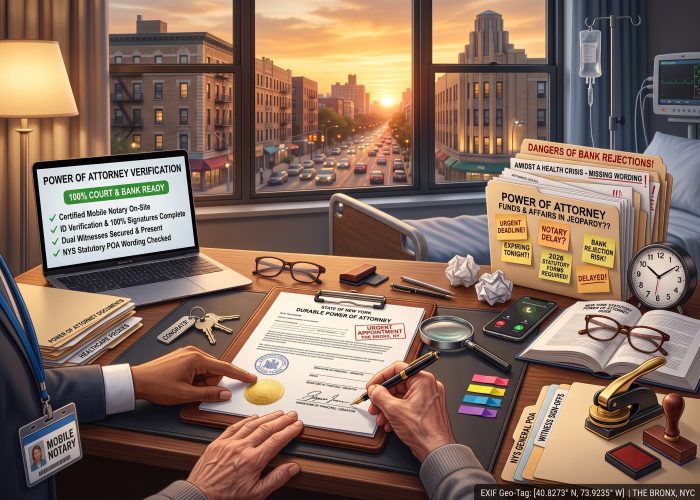 A close, 3/4-angled view of a "Power of Attorney (POA) Document Notarization" session at a dark wood table inside a Bronx, NY hospital room at sunset, looking through a large window at the busy traffic and Art Deco apartments of the Grand Concourse. On a leather portfolio binder rests an open "STATE OF NEW YORK" / "DURABLE POWER OF ATTORNEY" document, showing circular NY notary public stamps and a gold foil seal. An older man's hand with weathered skin is actively signing with a fountain pen, guided and pointed to by Sealing Time Mobile Notaries / Notary Apostille Agents' mobile notary's hand wearing a "MOBILE NOTARY" ID badge on a blue lanyard. A younger family member’s hand rests supportively nearby. In the background, an IV stand and medical monitor are partially visible. On the desk pad sit a magnifying glass, house keys with a "CONGRATS!" keychain, and colorful signature flags. On the far left, an open laptop displays a "POWER OF ATTORNEY VERIFICATION" dashboard with green checkmarks under "100% COURT & BANK READY," next to stacks of folders labeled "POWER OF ATTORNEY DOCUMENTS" and "HEALTHCARE PROXIES". On the right, a cascading pile of files includes "DANGERS OF BANK REJECTIONS!" and "AMIDST A HEALTH CRISIS - MISSING WORDING!" alongside a "POWER OF ATTORNEY / FUNDS & AFFAIRS IN JEOPARDY??" folder covered in sticky notes: "URGENT DEADLINE!", "NOTARY DELAY?", "EXPIRING TONIGHT!", "BANK REJECTION RISK!", "2026 STATUTORY FORMS REQUIRED!", and "DELAYED!". Nearby is a ticking analog clock, crumpled paper, a smartphone, and an open "NEW YORK STATUTORY POWER OF ATTORNEY GUIDE" with eyeglasses. On the front-right edge, specialized folders for "NYS GENERAL POA" and "WITNESS SIGN-OFFS" sit next to a heavy gold-and-black embosser, a wooden notary stamp, and forensic stamp pads, with a digital "EXIF Geo-Tag: THE BRONX, NYC" on the bottom right.