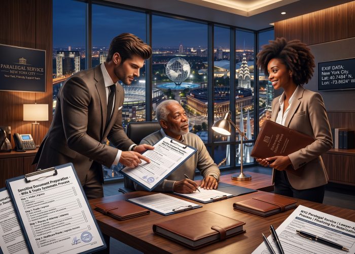 Sealing Time Mobile Notaries / Notary Apostille Agents’ Expert Paralegal Services New York City – Seamless Wills & Trusts Preparation A professional digital illustration of a sophisticated office interior. Three diverse people are gathered at a large wooden desk: an older Black man is seated and smiling, assisted by a younger man in a suit (paralegal) named Max a/k/a @notariodelbarrio pointing at legal papers, and a young Black woman in a blazer (paralegal) named Rachel, holding a portfolio folder. The desk holds multiple leather notebooks, a desk lamp, pens, and several clipboards. A prominent clipboard displays text for 'Sensitive Document Preparation - Wills & Trusts Systematic Process' and another lists 'NYC Paralegal Service | Lawyer-Approved Process | Finalizing for Notarization'. Behind them, large floor-to-ceiling windows offer a dramatic view of the Queens, NYC night skyline, featuring icons like Citi Field and the Unisphere, with the Manhattan skyline in the far distance. An EXIF data screen on the wall shows location details (New York City, Lat: 40.7484° N, Lon: -73.8624° W).