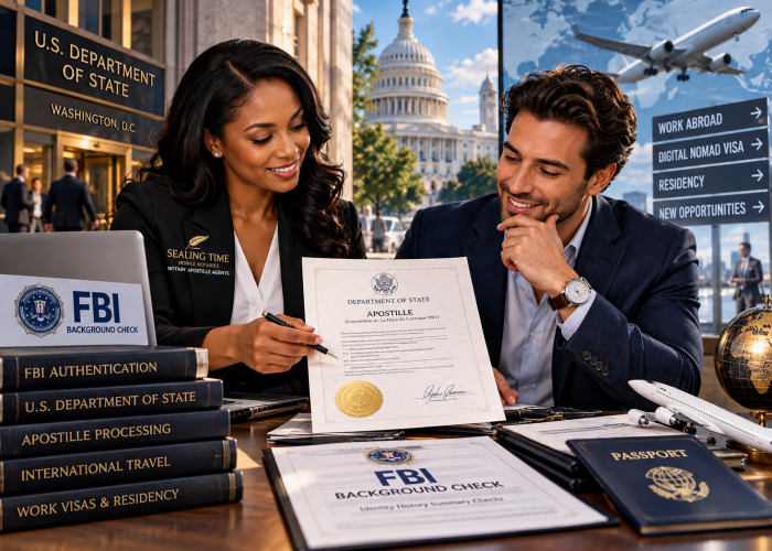 Expedited FBI Background Check Apostille Services New York City | Sealing Time Mobile Notaries / Notary Apostille Agents A high-detail, split-concept photograph inside an executive office where a confident, smiling female notary apostille specialist wearing a tailored black blazer with an embroidered gold "SEALING TIME MOBILE NOTARIES / NOTARY APOSTILLE AGENTS" logo reviews an official document with a relieved male client in a navy suit. She points with a fine pen to a federal document reading "DEPARTMENT OF STATE - APOSTILLE (Convention de La Haye du 5 octobre 1961)" adorned with an embossed gold foil seal. Spread across the rich mahogany desk are an official "FBI BACKGROUND CHECK - Identity History Summary Checks" document, a stack of black leather-bound binders with gold-stamped spines reading "FBI AUTHENTICATION," "U.S. DEPARTMENT OF STATE," "APOSTILLE PROCESSING," "INTERNATIONAL TRAVEL," and "WORK VISAS & RESIDENCY," as well as a blue US passport, a model airplane, and a desk globe. In the background, composite architectural visuals blend the entrance of the "U.S. DEPARTMENT OF STATE - WASHINGTON, D.C." building, the U.S. Capitol dome, a commercial passenger jet climbing into the sky, and an airport-style directional sign pointing toward "WORK ABROAD," "DIGITAL NOMAD VISA," "RESIDENCY," and "NEW OPPORTUNITIES."