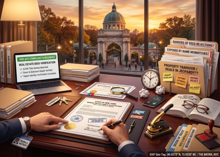 A close, 3/4-angled, desk-level view of a "Deed Notarization" session in Sealing Time Mobile Notaries / Notary Apostille Agents Bronx, NY office at sunset, looking through a large window at the historic, ornate Beaux-Arts entrance gate and dome of the Bronx Zoo under a warm, golden sunset sky. On the center-left of the dark mahogany desk, an open "STATE OF NEW YORK" / "BARGAIN AND SALE DEED & QUITCLAIM DEED" (with "DEED OF TRUST & PROPERTY TRANSFER" sub-header) document rests on a leather portfolio binder, showing hand-inked signatures, circular New York notary stamps, and a gold foil seal. An individual's hand is actively signing with a fountain pen, guided by a mobile notary’s hand, with a visible "MOBILE NOTARY" ID badge, magnifying glass, house keys with a "CONGRATS!" keychain, a certificate, and signature flags on the desk pad. On the far left, an open laptop displays a "REAL ESTATE DEED VERIFICATION" screen with green checkmarks under "100% NYS COMPLIANT & RECORDED", alongside folders labeled "PROPERTY TRANSFER DEEDS" and "ACRIS RECORDINGS." On the right, a cascading pile of files includes "DANGERS OF DEED REJECTIONS!", "EXPOSED BY NAME MISMATCHES!", and "PROPERTY TRANSFER / DEALS IN JEOPARDY??" folder covered in "URGENT DEADLINE!", "NOTARY EXPIRING TONIGHT!", "NOTARY DELAY?", and "DELAYED!" sticky notes, next to a ticking clock, crumpled paper, a smartphone, and an open "NEW YORK REAL PROPERTY LAW & ACRIS GUIDE" book with eyeglasses. On the front-right edge, specialized folders for "DEEDS OF TRUST", "NYS CONTRACTS", and "BUSINESS RECORDS" sit next to a heavy gold-and-black embosser, a wooden notary stamp, and forensic stamp pads. The bottom-right corner displays a digital "EXIF Geo-Tag: THE BRONX, NYC" overlay.