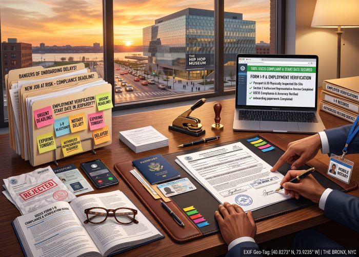 A close, 3/4-angled, desk-level view of an urgent "Form I-9 & Employment Verification" session inside a Bronx, NY home office at sunset, looking through a large window at "THE HIP HOP MUSEUM" at Bronx Point with its modern textured-glass facade, plazas, pedestrian paths, and waterfront parkland along Exterior Street and the Harlem River under a dramatic, golden-orange sunset sky. On the center-right of the dark oak desk, on a leather-bound desk pad, an official "DEPARTMENT OF HOMELAND SECURITY" / "U.S. CITIZENSHIP AND IMMIGRATION SERVICES FORM I-9" rests on a portfolio folder. An employee’s hand is actively signing Section 2 with a fountain pen, guided and pointed to by Sealing Time Mobile Notaries / Notary Apostille Agents' mobile notary’s hand wearing a "MOBILE NOTARY" ID badge on a blue lanyard, alongside a blue US Passport, an NYS Driver’s License, transaction files, a pen, and colorful signature flags. On the right, an open laptop displays a "FORM I-9 & EMPLOYMENT VERIFICATION" dashboard with green checkmarks under "100% USCIS COMPLIANT & START DATE SECURED", next to stacked folders labeled "EMPLOYER VERIFICATIONS", "I-9 RECORDS", and "AUTHORIZED RECORD DOCKET". On the left, a cascading pile of files includes "DANGERS OF ONBOARDING DELAYS!" and "NEW JOB AT RISK - COMPLIANCE DEADLINE!" next to an "EMPLOYMENT VERIFICATION / START DATE IN JEOPARDY??" folder covered in "URGENT DEADLINE!", "I-9 REJECTIONS?", "NOTARY DELAY?", "EXPIRING TONIGHT!", "AUTHORIZED REPRESENTATIVE REQUIRED!", and "DELAYED!" sticky notes, next to a crumpled "REJECTED" paper, passport scans, a smartphone with missed calls, and an open "USCIS FORM I-9 COMPLIANCE & VERIFICATION GUIDE" book with reading glasses. On the center-right edge, a metallic gold-and-black embosser and a wooden-handled notary stamp sit on the desk. The bottom-right corner displays a digital "EXIF Geo-Tag: THE BRONX, NYC" overlay.