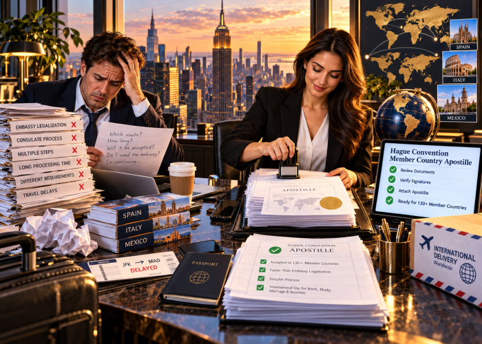 Hague Convention Document Authentication & Legalization by Sealing Time Mobile Notaries / Notary Apostille Agents | Apostille Services New York City A high-contrast, split-view executive office scene in a Manhattan high-rise at sunset, overlooking the illuminated Midtown skyline and the Empire State Building. On the left side, representing the agonizing confusion of international bureaucracy, a stressed man in a suit rests his head in his hand in sheer exhaustion. He holds a note filled with anxious questions: "Which route? How long? Will it be accepted? Do I need the embassy? So confusing...". Beside him sits a towering, chaotic stack of folders marked with red "X" stamps for "EMBASSY LEGALIZATION", "CONSULATE PROCESS", "MULTIPLE STEPS", "LONG PROCESSING TIME", "DIFFERENT REQUIREMENTS", and "TRAVEL DELAYS", next to reference books for "SPAIN", "ITALY", and "MEXICO", crumpled paperwork, a passport, and a delayed airline ticket reading "JFK ➔ MAD DELAYED". In contrast on the right side, representing absolute clarity and peace of mind, a confident female notary apostille specialist in a black blazer from Sealing Time Mobile Notaries / Notary Apostille Agents smiles calmly as she applies an official stamp to an authentic "APOSTILLE" certificate bearing a gold seal. In front of her rests a pristine document stack headlined with green checkmarks: "✔ HAGUE CONVENTION APOSTILLE. Accepted in 130+ Member Countries, Faster Than Embassy Legalization, Simpler Process, International Use for Work, Study, Marriage & Business." An open tablet outlines the process steps ("Review Documents, Verify Signatures, Attach Apostille, Ready for 130+ Member Countries"), positioned beside a desk globe and an "INTERNATIONAL DELIVERY Worldwide" parcel. On the wall behind her, an illuminated world map traces global routes connecting New York to Spain, Italy, and Mexico.