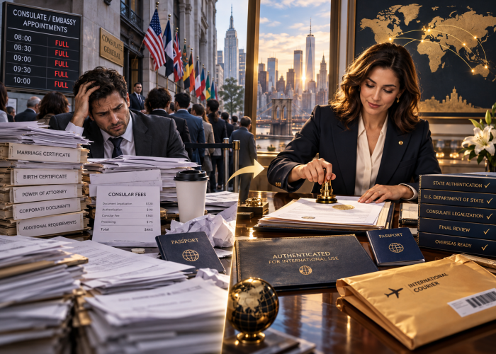 Sealing Time Mobile Notaries / Notary Apostille Agents’ Guaranteed Consulate Legalization & Fast-Track Apostille Services New York City A high-contrast, split-perspective executive office scene in a Manhattan high-rise at sunset, illustrating the journey from consulate bureaucracy on the left to seamless document clearance on the right, linked by a glowing golden transition arrow. On the left side, representing embassy chaos and administrative dread, an exhausted businessman in a suit rests his head in his hand in defeat before massive, disorganized paper piles labeled "MARRIAGE CERTIFICATE", "BIRTH CERTIFICATE", "POWER OF ATTORNEY", "CORPORATE DOCUMENTS", and "ADDITIONAL REQUIREMENTS". On his desk sit a coffee cup, crumpled paper balls, a blue passport, and an itemized breakdown of "CONSULAR FEES" ($120 Document Legalization, $90 Authentication, $160 Consular Fee, $75 Processing, totaling $445). In the background behind him, an electronic board displays "CONSULATE / EMBASSY APPOINTMENTS" with morning slots from 08:00 to 10:00 all marked "FULL" in glowing red, while a crowded line of people waits in a classical hall adorned with international flags and a gold "CONSULATE GENERAL" sign. On the right side, representing absolute clarity and global clearance, a poised, smiling female specialist in a tailored black blazer from Sealing Time Mobile Notaries / Notary Apostille Agents presses a solid brass seal stamp onto verified paperwork. On her polished mahogany desk sits an official navy blue portfolio embossed in gold with "AUTHENTICATED FOR INTERNATIONAL USE" and a globe insignia, a second blue passport, and an "INTERNATIONAL COURIER" expedited dispatch envelope. Next to her is an organized tier of dark blue binders with gold checkmarks: "STATE AUTHENTICATION ✔", "U.S. DEPARTMENT OF STATE ✔", "CONSULATE LEGALIZATION ✔", "FINAL REVIEW ✔", and "OVERSEAS READY ✔". Behind her, a framed world map traces illuminated golden flight paths connecting New York to international capitals, beside fresh white lilies and expansive windows showcasing the sunset Manhattan skyline, Empire State Building, and Brooklyn Bridge.