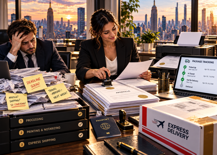 Sealing Time Mobile Notaries / Notary Apostille Agents’ Full-Service Express Printing, Notarizing, and Dispatch | Apostille Services New York City A detailed split-view indoor photograph in a modern office at sunset, showcasing a client's overwhelming paperwork anxiety on the left and an agent's efficient processing on the right, with a panoramic view of the Manhattan skyline (featuring the Empire State Building) under a warm dusk sky. On the far left, a stressed man in a dark suit sits before a massive, chaotic stack of papers, gripping his head in frustration. His heap of documents is covered in crumpled paper and three bright yellow sticky notes reading "APOSTILLE? SHIPPING? SO CONFUSING!", "DEADLINE SOON!", and "TRAVEL ABROAD? NEXT WEEK!". Below this pile is a tiered organizer labeled "1 PROCESSING ✔", "2 PRINTING & NOTARIZING ✔", and "3 EXPRESS SHIPPING ✔". In the center, a focused female professional in a black blazer calmly reviews a document while pressing an official ink stamp onto a thick, organized stack of "APOSTILLE" papers with gold seals and red & blue ribbons. On the desk in front of her sit a navy blue US passport, a stamp pad, and leather-bound portfolios. On the right, a "PACKAGE TRACKING" status is open on a laptop screen next to an active printer, showing milestones from "Picked Up" to "Out for Delivery" on April 18 and 19. An "EXPRESS DELIVERY" cardboard shipping box with international labeling sits in the foreground, highlighting the secure end-to-end processing offered by Sealing Time Mobile Notaries / Notary Apostille Agents. Natural sunset and interior task lighting reflect off the glossy desk, emphasizing the transition from chaos to expedited shipping.