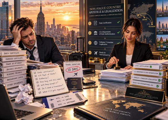 Non-Hague Embassy Legalization & Authentication by Sealing Time Mobile Notaries / Notary Apostille Agents | Apostille Services New York City A high-contrast, split-view executive office scene in a Manhattan high-rise at sunset, overlooking the illuminated Midtown skyline and the Empire State Building. On the left side, representing severe travel anxiety and bureaucratic overwhelm, an exhausted businessman in a suit rests his head in his hand in defeat. Beside him is a towering stack of binders labeled "BIRTH CERTIFICATE", "MARRIAGE CERTIFICATE", "POWER OF ATTORNEY", "BUSINESS DOCUMENTS", "ACADEMIC RECORDS", and "BACKGROUND CHECK". On his desk sit crumpled paper balls, a black suitcase in the background, a travel calendar with a red-circled "10 DAYS" departure deadline, boarding passes reading "NYC ➔ UAE", "NYC ➔ QATAR", and "NYC ➔ VIETNAM", and an open notebook listing frantic questions: "State certification?", "U.S. Dept. of State?", "Embassy?", "How long will this take?", "Will they accept it?", "Do I need a translator?", and "What if it gets rejected?". In stark contrast on the right side, representing complete clarity and relief, a composed female notary apostille specialist from Sealing Time Mobile Notaries / Notary Apostille Agents, in a tailored black blazer smiles calmly as she presses a brass hand stamp onto official documents. Next to her is an organized tier of folders with green checkmarks: "STATE CERTIFICATION ✔", "U.S. DEPARTMENT OF STATE AUTHENTICATION ✔", "EMBASSY / CONSULATE LEGALIZATION ✔", and "READY FOR INTERNATIONAL USE ✔". Behind her, a sleek wall display titled "NON-HAGUE COUNTRY APOSTILLE & LEGALIZATION" outlines the 4-step workflow alongside an illuminated map and photos connecting New York to the UAE, Qatar, and Iran. In the foreground sit a US passport, an executive nameplate reading "NYC APOSTILLE SERVICES - GLOBAL DOCUMENT SOLUTIONS", and a black leather portfolio embossed with a gold world map reading "YOUR DOCUMENTS. THE WORLD AWAITS."