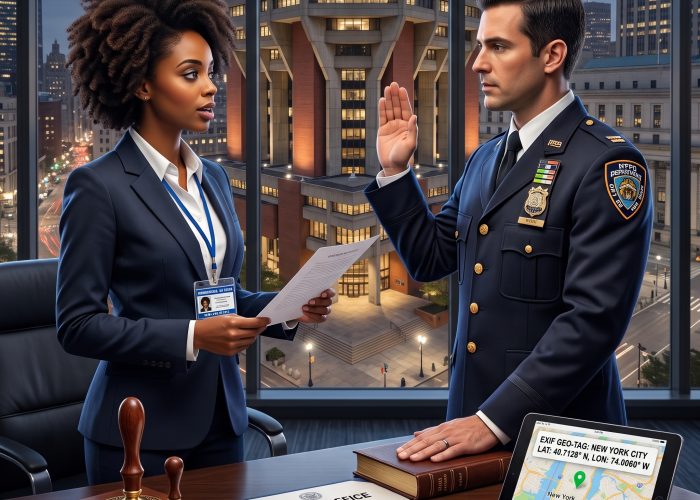 Sealing Time Mobile Notaries / Notary Apostille Agents’ Official Commissioner for Oaths New York City Swearing-In Ceremony at One Police Plaza A detailed, photorealistic digital art photograph of a formal swearing-in ceremony. A professional Black female notary public in a suit stands on the left, holding an 'OATH OF OFFICE, STATE OF NEW YORK' document. On the right, an NYPD police officer in a dress uniform raises his right hand in an oath pose over a large book. They are in a modern NYC office with a dramatic twilight view of One Police Plaza through large windows. The desk holds a 'NY Notary Public' seal, the formal document, and a tablet displaying explicitly legible text: 'EXIF GEO-TAG: NEW YORK CITY' and 'KEYWORD: Commissioner for Oaths, New York City'.