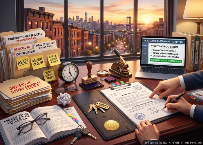 A hand-level perspective of a high-stress real estate closing inside Sealing Time Mobile Notaries / Notary Apostille Agents' Bronx NYC office at sunset, looking through large windows toward historic brick brownstones and neighborhood streetlights. The foreground features finalized legal documents with the bold header "STATE OF NEW YORK" / "BARGAIN AND SALE DEED" and "NY CERTIFICATION OF TRANSFER TAX" on a leather clipboard portfolio, showing hand-inked signatures, circular New York notary public stamps, and a gold foil seal, with a buyer's hand actively signing using a premium fountain pen guided by a notary's pointing finger. A set of house keys with a "CONGRATS! / HOMEOWNER" keychain rests nearby on a leather desk pad, alongside a corporate ID security badge, a magnifying glass, and a pen. On the left side of the desk, messy research folders show the emotional pain and crisis: "DANGERS OF NOTARY ERRORS!" and "PROPERTY TRANSFER & DEED (Urgently Pending!)" with red handwritten checkmarks, alongside files labeled "REJECTED BY CITY REGISTER?" and "DEAL DERAILED? (Risk of delay)" covered in yellow sticky notes saying "ASAP!", "URGENT CLOSE!", and "CHECK EVERY PAGE!" beside an analog desk clock ticking past 5:45 PM, eyeglasses resting on an open "NYC REAL ESTATE CLOSING & TITLE HANDBOOK", a crumpled failed document, and car keys. On the right, an open MacBook laptop screen displays "REAL ESTATE CLOSING & NOTARIZATION" software with an "NYS RECORDING CHECKLIST" showing "✓ Transfer Tax Forms Verified," "✓ bargain and sale deeds signed," and "✓ Closing Package Triple-Checked" under a green status banner "100% READY FOR CITY REGISTER (ACRIS)", next to a heavy gold-and-black embosser, a wooden-handled notary stamp, and folders labeled "AUTHORIZED REAL ESTATE FILE", "CLOSING PACKAGES", and "NYC ACRIS SUBMISSIONS", with "EXIF Geo-Tag: THE BRONX, NYC" on the bottom right corner.