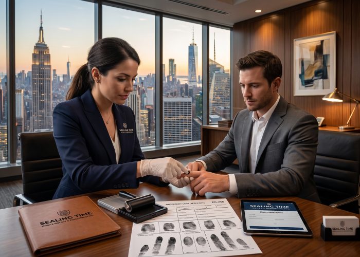 Sealing Time Mobile Notaries / Notary Apostille Agents’ Expert Mobile Fingerprinting Service New York City for Top Pros Get precise, professionally rolled prints without leaving your office by hiring Sealing Time Mobile Notaries / Notary Apostille Agents' for premium mobile fingerprinting service in New York City with an iconic view.