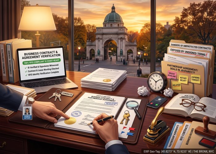 A close, desk-level perspective of a high-priority "Business Contract & Agreement Notarization" session inside Sealing Time Mobile Notaries / Notary Apostille Agents' Bronx, NY office at sunset, looking through a large window at the historic, ornate Beaux-Arts entrance gate and dome of the Bronx Zoo under a warm, golden sunset sky. On the center-left of the dark mahogany desk, an open "STATE OF NEW YORK" / "BUSINESS CONTRACT & PARTNERSHIP AGREEMENT" document rests on a leather portfolio binder, showing hand-inked signatures, circular New York notary stamps, and a gold foil seal. An executive’s hand is actively signing with a fountain pen, guided by a mobile notary’s hand, with a visible "MOBILE NOTARY" ID badge, magnifying glass, keys, and signature flags on the desk pad. On the far left, an open laptop displays a "BUSINESS CONTRACT & AGREEMENT VERIFICATION" screen with green checkmarks under "100% NYS COMPLIANT & COURT-READY", alongside folders labeled "BUSINESS CONTRACTS" and "COMMERCIAL LEASES." On the right, a cascading pile of files includes "DANGERS OF UNPROTECTED CONTRACTS!", "EXPOSED BY UNSIGNED TERMS!", and "PARTNERSHIP AGREEMENT / DEALS IN JEOPARDY??" folder covered in "URGENT DEADLINE!", "NOTARY DELAY?", "EXPIRING TONIGHT!", and "DELAYED!" sticky notes, next to a ticking clock, crumpled paper, a smartphone, and an open "NEW YORK PARTNERSHIP & COMMERCIAL LAW" book with eyeglasses. On the front-right edge, specialized folders for "PARTNERSHIP AGREEMENTS", "NYS CONTRACTS", and "BUSINESS RECORDS" sit next to a heavy gold-and-black embosser, a wooden notary stamp, and forensic stamp pads. The bottom-right corner displays a digital "EXIF Geo-Tag: THE BRONX, NYC" overlay.