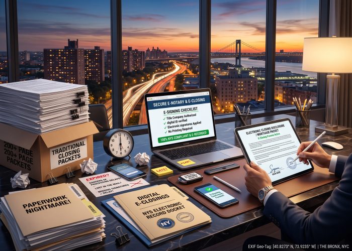 A hand-level POV of a paperless digital transaction in a high-rise Bronx apartment at sunset by Sealing Time Mobile Notaries / Notary Apostille Agents, overlooking a nighttime cityscape and a bridge, contrasting the heavy clutter of the past, represented on the left by an open box of "TRADITIONAL CLOSING PACKETS", massive stacks of "200+ PAGE PACKETS", and folders labeled "PAPERWORK NIGHTMARE!", "EXPIRED?", "LATE!", and "ASAP!", with the streamlined digital efficiency of an active e-closing on the right, where hands are using an Apple Pencil on an iPad Pro showing an "ELECTRONIC CLOSING DISCLOSURE / MORTGAGE PACKET" under "E-Closing Process Active." The desk also features a stylus, digital signature pads, a key fob, a smartphone, and "DIGITAL E-CLOSINGS / NYS ELECTRONIC RECORD DOCKET" folders with NY State and electronic stamps. In the center, an open laptop displays a "SECURE E-NOTARY & E-CLOSING" "E-SIGNING CHECKLIST" with green checkmarks for "✓ Title Company Authorized," "✓ digital ID verified," "✓ Electronic signatures Applied," "✓ No Printing Required," and "100% NYS COMPLIANT & E-RECORDED", with an "EXIF Geo-Tag: THE BRONX, NYC" on the bottom right.