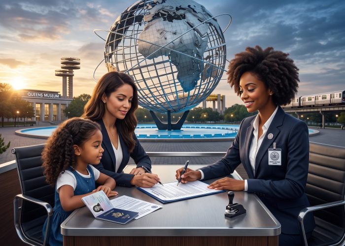 Essential Travel Consent Form New York City & Minor Travel Documents by Sealing Time Mobile Notaries / Notary Apostille Agents A polished digital photograph shows a mother signing a travel consent form in New York City under the Unisphere globe in Flushing Meadows–Corona Park, Queens. A young daughter is next to her with an open US passport and photo. An expert mobile notary public named Rachel of Sealing Time Mobile Notaries / Notary Apostille Agents, wearing a professional suit and badge, supervises the signing on a table with a notary embosser seal and stamp. The Queens Museum and an elevated 7 train are visible in the background with a dramatic sunset view.