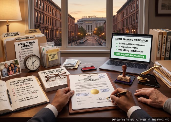 An intimate POV of an estate planning session by Sealing Time Mobile Notaries / Notary Apostille Agents in a Bronx home at dusk, with Yankee Stadium visible through the window, featuring hands actively signing a "STATE OF NEW YORK LAST WILL AND TESTAMENT & LIVING TRUST" on a leather clipboard, with a hand peaceably guiding and a second hand ready to countersign. Nearby rests a "NOTARY PUBLIC / NEW YORK STATE" stamp, metallic gold-and-black embosser, and forensic pads. The left is crowded with "ASSET PROTECTION" files: "FAMILY ASSETS & WILLS", "PEACE OF MIND CHECKLIST (Urgently Pending!)", a personal family photo, "ESTATE & ASSET PROTECTION" notebooks, an analog desk clock, "CONFUSING COURT MAZE?" files, and an "ESTATE LAW & PROBATE GUIDE" with glasses. On the right, an open laptop displays "ESTATE PLANNING VERIFICATION" checking off "✓ Professional Witnesses Secured," "✓ ID Verification Complete," and "✓ Wills & Living Trusts Notarized" next to stacks for "WITNESS SIGN-OFF", "LIVING TRUSTS & CODICILS", and "AUTHORIZED ESTATE FILE," with a digital "EXIF Geo-Tag: THE BRONX, NYC" on the bottom right.