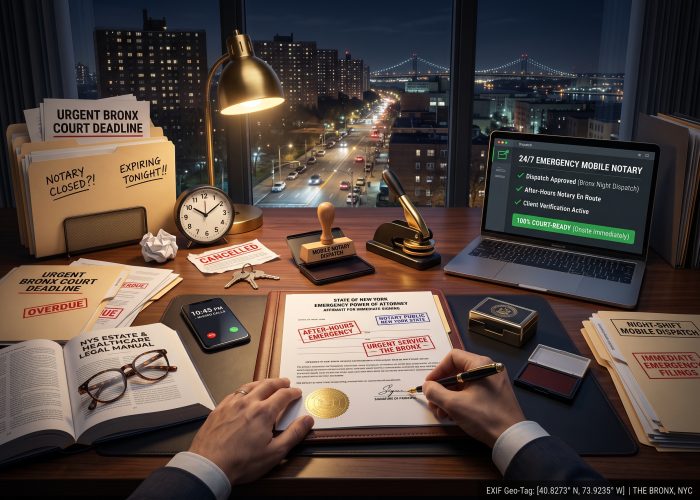 A hand-level POV of Sealing Time Mobile Notaries / Notary Apostille Agents' busy desk in a Bronx high-rise at 10:45 PM under lamplight, looking toward apartment towers and a Harlem River bridge, featuring hands actively signing an "EMERGENCY POWER OF ATTORNEY / AFFIDAVIT" on a leather portfolio stamped "AFTER-HOURS EMERGENCY" and "URGENT SERVICE - THE BRONX" with an ink stamp, gold foil seal, and a "MOBILE NOTARY DISPATCH" stamp nearby. The left side is piled with stressful "overdue/expiring" files: "URGENT BRONX COURT DEADLINE", "NOTARY CLOSED?!", "EXPIRING TONIGHT!!", an "OVERDUE" document, a manual, eyeglasses, a buzzing smartphone, and a ticking desk clock. On the right, an open laptop displays a green-checked "24/6 EMERGENCY MOBILE NOTARY" check-in reading "100% COURT-READY (Onsite immediately)" next to a heavy gold embosser and files for "NIGHT-SHIFT MOBILE DISPATCH" and "IMMEDIATE EMERGENCY FILINGS", with "EXIF Geo-Tag: THE BRONX, NYC" on the bottom right corner.