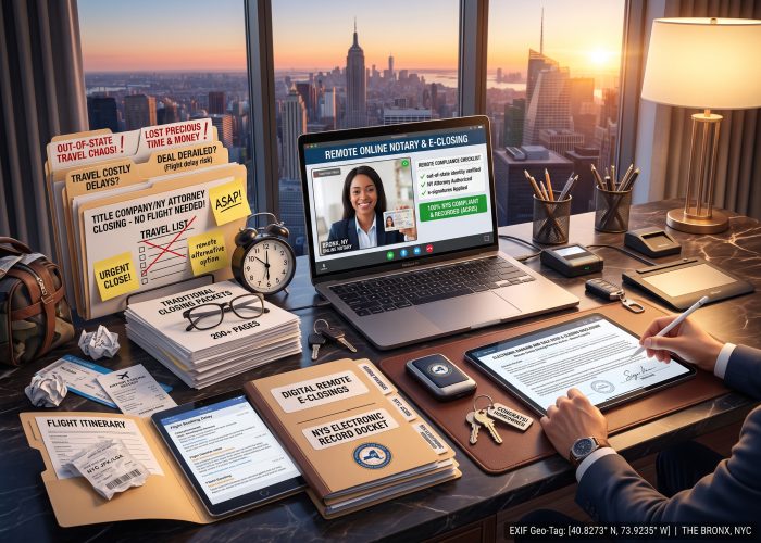 A close 3/4-angled view of a remote digital closing by Sealing Time Mobile Notaries / Notary Apostille Agents for a Bronx property on a dark office desk at sunset, overlooking a vast high-rise city skyline, which visually rejects stressful travel plans to the left with crumpled boarding passes, delayed flight notifications, travel folders labeled "OUT-OF-STATE TRAVEL CHAOS!" and "LOST PRECIOUS TIME & MONEY" beside an analog clock. Traditional stacks of "280+ PAGES" packets, keys, and a messy travel bag are nearby. The right side is dedicated to frictionless digital closing. Hands in smart attire use an Apple Pencil on an iPad Pro to electronically sign a document, next to a security token, keys, a stylus, and file folders labeled "DIGITAL REMOTE E-CLOSINGS / NYS ELECTRONIC RECORD DOCKET". In the center, a laptop screen displays "REMOTE ONLINE NOTARY & E-CLOSING" during an active face-to-face video conference with an online notary verifying ID, alongside an "E-CLOSING CHECKLIST" with green checkmarks for "✓ out-of-state identity verified," "✓ NY Attorney Authorized," "✓ e-signatures Applied," and a green status banner "100% NYS COMPLIANT & RECORDED (ACRIS)", with "EXIF Geo-Tag: THE BRONX, NYC" on the bottom right.