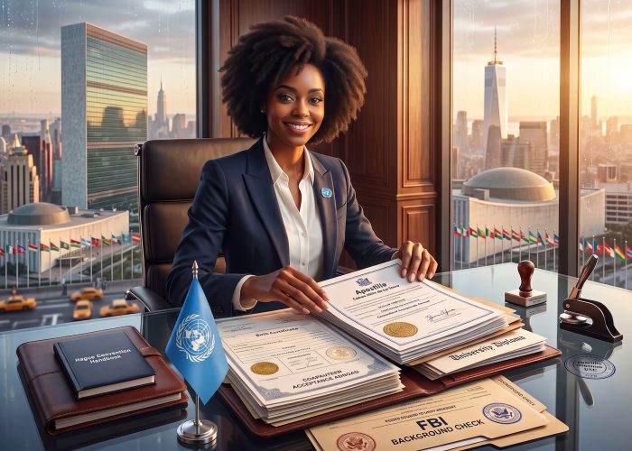 Sealing Time Mobile Notaries / Notary Apostille Agents’ Premium Apostille Services New York City: Guaranteed Acceptance Abroad A confident black female professional in a high-rise New York City office named Rachel that's the receptionist for Sealing Time Mobile Notaries / Notary Apostille Agents processes complex documents, including a University Diploma, Power of Attorney, and FBI Background Check, which are all bound by official Apostille certificates. She smiles at the camera with the United Nations Building and Manhattan skyline at sunset visible through large, rain-streaked windows. Her desk holds a Hague Convention Handbook.