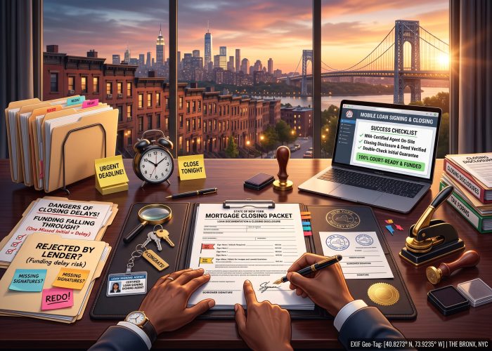 A first-person view of a mortgage closing session by Sealing Time Mobile Notaries / Notary Apostille Agents at a mahogany table in a Bronx home at sunset, looking toward brick brownstones and a suspension bridge. The foreground features a massive "MORTGAGE CLOSING PACKET" on a leather portfolio, with a buyer's hand actively signing the borrower line with a fountain pen, while another person's hand points to check-marked blocks. Keys, a ID badge, and a gold notary seal are nearby, alongside a wooden stamp, a heavy gold embosser, and inkpads. The left side is piled with urgent files: "DANGERS OF CLOSING DELAYS!", "FUNDING FALLING THROUGH? (One Missed Initial = Delay)", "REJECTED BY LENDER? (Funding delay risk)" folders, "REDO!" and "MISSING SIGNATURE?" sticky notes, an analog desk clock, glasses, and pens. On the right, an open laptop displays a "MOBILE LOAN SIGNING & CLOSING" "SUCCESS CHECKLIST" including "✓ NNA-Certified Agent On-Site," "✓ Closing Disclosure & Deed Verified," "✓ Double-Check Initial Guarantee," and a green "100% COURT-READY & FUNDED" banner, next to stacked folders labeled "CLOSING DISCLOSURES" and "TAX FORMS", with a digital "EXIF Geo-Tag: THE BRONX, NYC" on the bottom right.