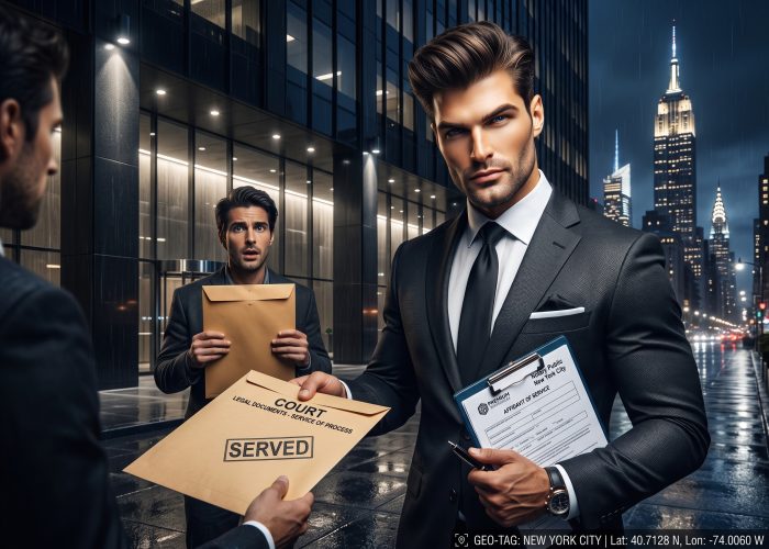 Sealing Time Mobile Notaries / Notary Apostille Agents’ Sophisticated Legal Document Delivery | Premium Process Server New York City Confident professional man, Max a/k/a @notariodelbarrio, in a textured black suit and tie, stands in a grassy field at night holding a clipboard and pen. Behind him is a dark luxury sedan and the illuminated New York City skyline, including the Empire State Building. He is acting as a process server new york city, ready to deliver legal documents.