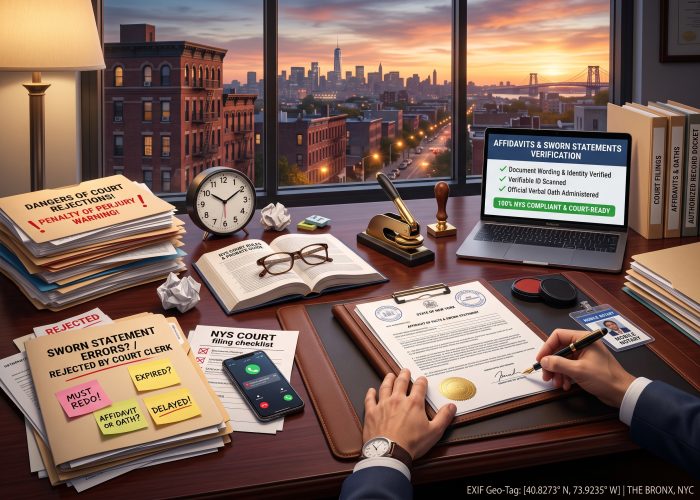 A close, 3/4-angled, desk-level view of an "Affidavits & Sworn Statements Notarization" session in Sealing Time Mobile Notaries / Notary Apostille Agents' Bronx NYC office at sunset, looking through large windows at historic brownstones, neighborhood streetlights, and a distant bridge under a twilight sky. The foreground features finalized legal documents with the bold header "STATE OF NEW YORK" / "AFFIDAVIT OF FACTS & SWORN STATEMENT" on a leather portfolio binder, showing hand-inked signatures, circular New York notary stamps, and a gold foil seal, with a person's hand actively signing using a fountain pen guided by a mobile notary's hand. Nearby sits a metallic gold-and-black embosser, a wooden notary stamp, forensic pads, a pen, and a magnifying glass, alongside a corporate "MOBILE NOTARY" ID badge on the table. On the left side of the desk, a messy pile of folders highlights the emotional pain of delay and regulatory rejection: "DANGERS OF COURT REJECTIONS! / PENALTY OF PERJURY WARNING!" and "SWORN STATEMENT ERRORS? / REJECTED BY COURT CLERK" with red handwritten checkmarks, covered in yellow sticky notes saying "MUST REDO!", "EXPIRED?", "AFFIDAVIT OR OATH?", and "DELAYED!", alongside an "NYS COURT filing checklist" with red crosses, a smartphone with missed calls, an analog clock ticking past 6:15 PM, eyeglasses resting on an open "NYS COURT RULES & PROBATE GUIDE", and crumpled paper. On the right, an open MacBook laptop screen displays "AFFIDAVITS & SWORN STATEMENTS VERIFICATION" software with an "E-FILING CHECKLIST" showing "✓ Document Wording & Identity Verified," "✓ Verifiable ID Scanned," and "✓ Official Verbal Oath Administered" under a green "100% NYS COMPLIANT & COURT-READY" status banner, next to stacks for "COURT FILINGS", "AFFIDAVITS & OATHS", and "AUTHORIZED RECORD DOCKET", with a digital "EXIF Geo-Tag: THE BRONX, NYC" on the bottom right.