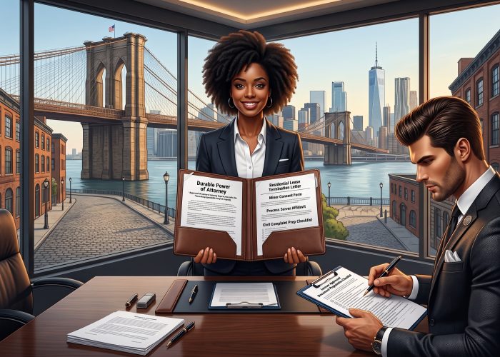 Sealing Time Mobile Notaries / Notary Apostille Agents’ Leading Power of Attorney Lawyers Alternative in New York City | Secure Your Future with Expert Legal Document Preparation and Execution A detailed photograph of a professional mobile notary office setting in New York City. A confident Black woman with an afro hairstyle, wearing a dark navy blue suit, named Rachel of Sealing Time Mobile Notaries / Notary Apostille Agents stands in the center and holds open a brown leather legal binder. The open binder displays clearly legible headings for several documents: "Durable Power of Attorney," "Residential Lease Termination Letter," "Minor Consent Form," "Process Server Affidavit," and "Civil Complaint Prep Checklist." To her right, a white man in a black suit, named Max a/k/a @notariodelbarrio is writing on a legal pad clipped to a portfolio. They are in a modern, well-lit office with a dramatic view through large floor-to-ceiling windows. Behind them, a warm golden sunset light illuminates the Brooklyn Bridge, the East River, and the entire Lower Manhattan skyline with One World Trade Center. Multiple pens and other portfolios are arranged on the desk in the foreground. Geo-tag: New York, NY.