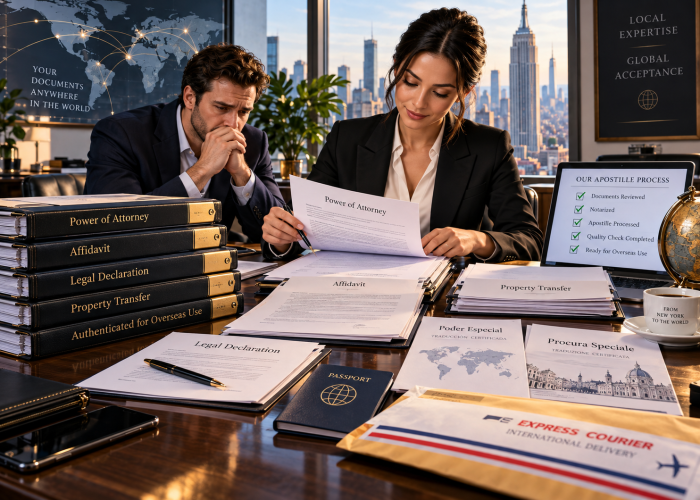 Guaranteed Global Acceptance for Legal Documents by Sealing Time Mobile Notaries / Notary Apostille Agents | Apostille Services New York City A dramatic, split-emotion office scene in a Manhattan high-rise overlooking the New York City skyline and Empire State Building at sunset. On the left, an anxious man in a dark suit rests his face on his hands in deep worry. Beside him sits a heavy stack of black leather binders with gold lettering: "Power of Attorney," "Affidavit," "Legal Declaration," "Property Transfer," and "Authenticated for Overseas Use." Behind him, an illuminated wall map graphic reads, "YOUR DOCUMENTS ANYWHERE IN THE WORLD." On the right, a confident, smiling female signing agent in a tailored black blazer calmly reviews an open "Power of Attorney" document with a pen. The polished mahogany desk is meticulously organized with critical paperwork labeled "Affidavit," "Legal Declaration," "Poder Especial / TRADUCCIÓN CERTIFICADA," and "Procura Speciale / TRADUZIONE CERTIFICATA," alongside a blue "PASSPORT" and a sealed "EXPRESS COURIER / INTERNATIONAL DELIVERY" envelope. On the far right, a laptop displays "OUR APOSTILLE PROCESS" highlighting Sealing Time Mobile Notaries / Notary Apostille Agents' process with green checkmarks leading to "Ready for Overseas Use," sitting next to a white coffee mug that reads "FROM NEW YORK TO THE WORLD" and beneath a wall plaque stating "LOCAL EXPERTISE / GLOBAL ACCEPTANCE."